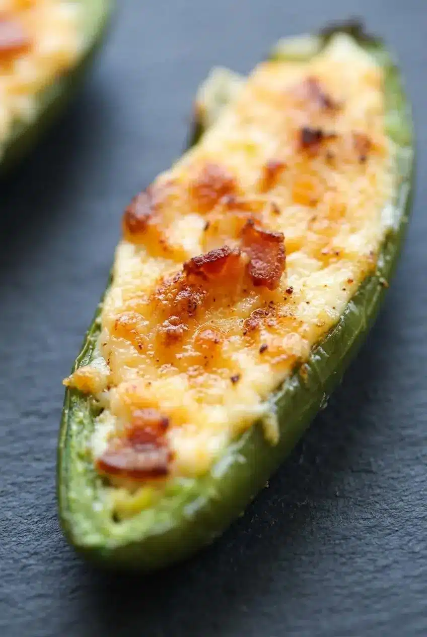 Close-up of melted monterey jack and cheddar cheese bubbling over a roasted cream cheese jalapeño popper.