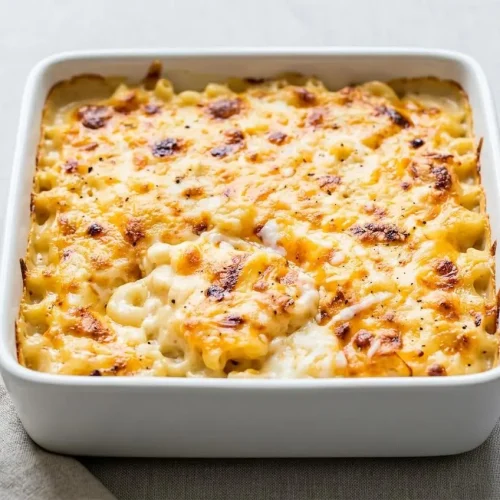 Baked mac and cheese recipe in a ceramic casserole dish with a golden, bubbly melted cheese crust.