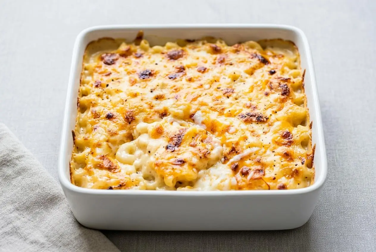 Baked mac and cheese recipe in a ceramic casserole dish with a golden, bubbly melted cheese crust.