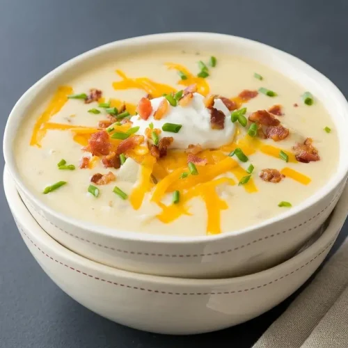 Creamy baked potato soup in a bowl topped with melted cheddar cheese, crisp bacon bits, and fresh chives.