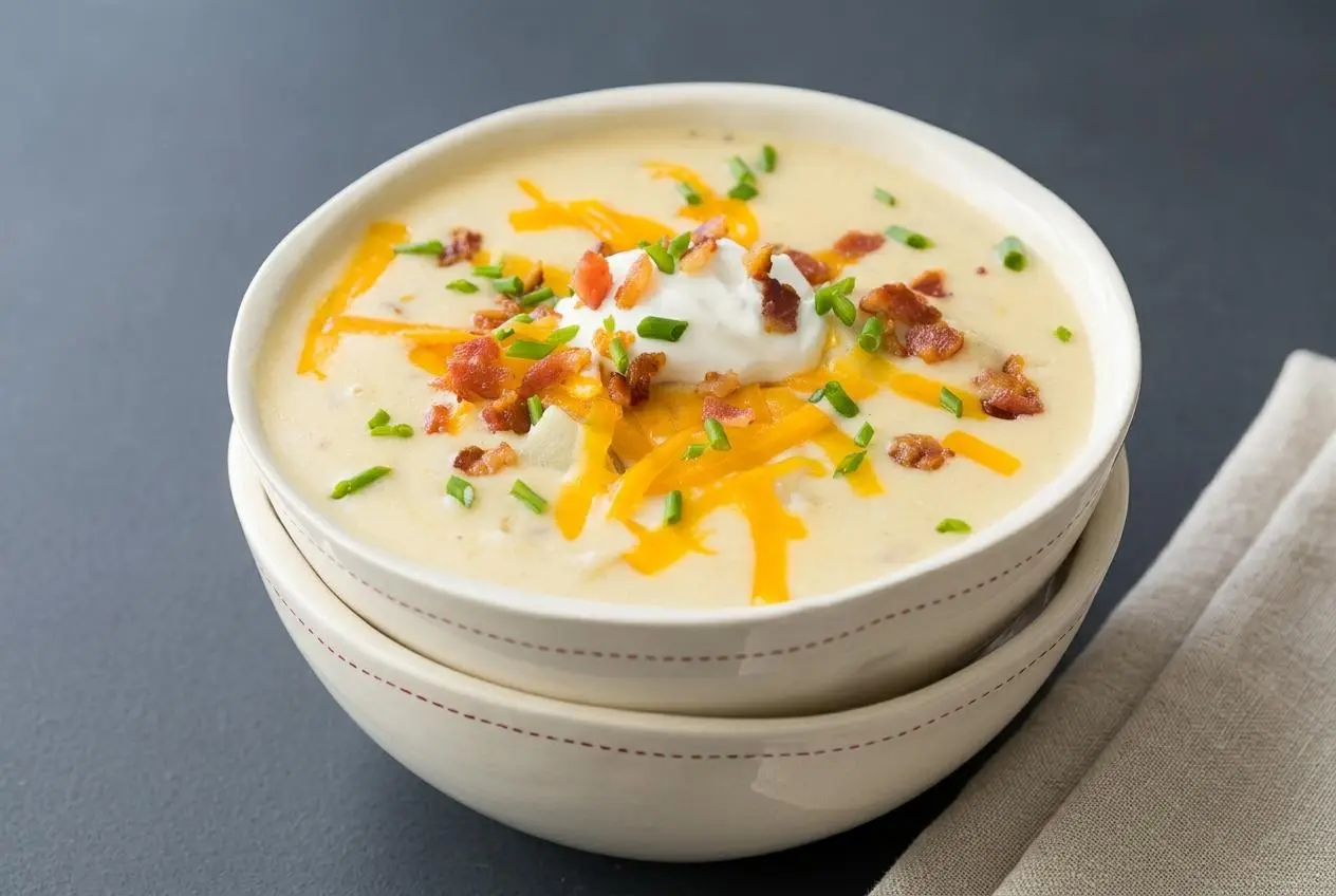 Creamy baked potato soup in a bowl topped with melted cheddar cheese, crisp bacon bits, and fresh chives.