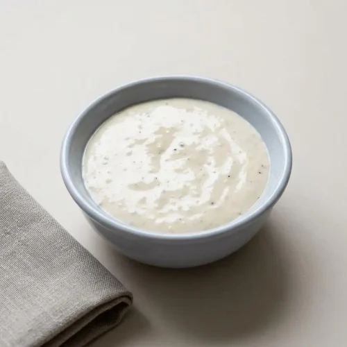 Creamy homemade Caesar dressing in a bowl, showcasing a rich, glossy emulsified texture.