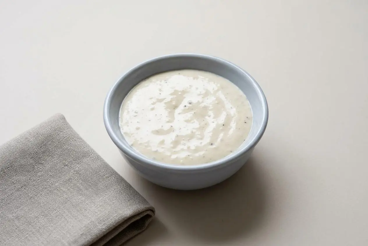 Creamy homemade Caesar dressing in a bowl, showcasing a rich, glossy emulsified texture.