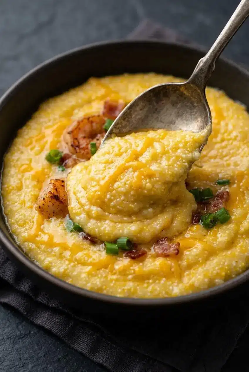 Vintage spoon lifting a thick, velvety swirl of warm stone-ground grits with melted sharp cheddar cheese.