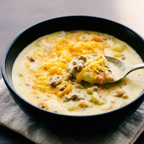 Creamy cheeseburger soup with ground beef and tender potatoes in a rich cheese broth.