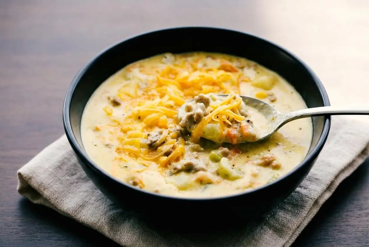 Creamy cheeseburger soup with ground beef and tender potatoes in a rich cheese broth.