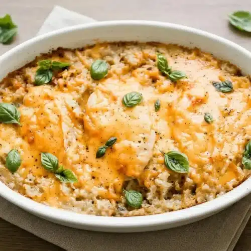 Creamy chicken and rice casserole baked golden with melted cheddar cheese in a baking dish.