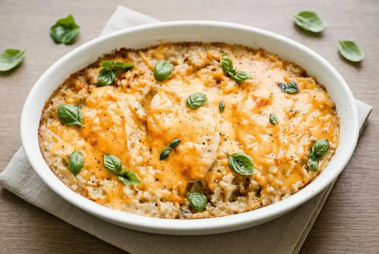 Creamy chicken and rice casserole baked golden with melted cheddar cheese in a baking dish.