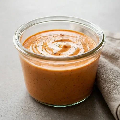 Creamy, smooth pale-orange chipotle sauce served in a matte ceramic bowl.