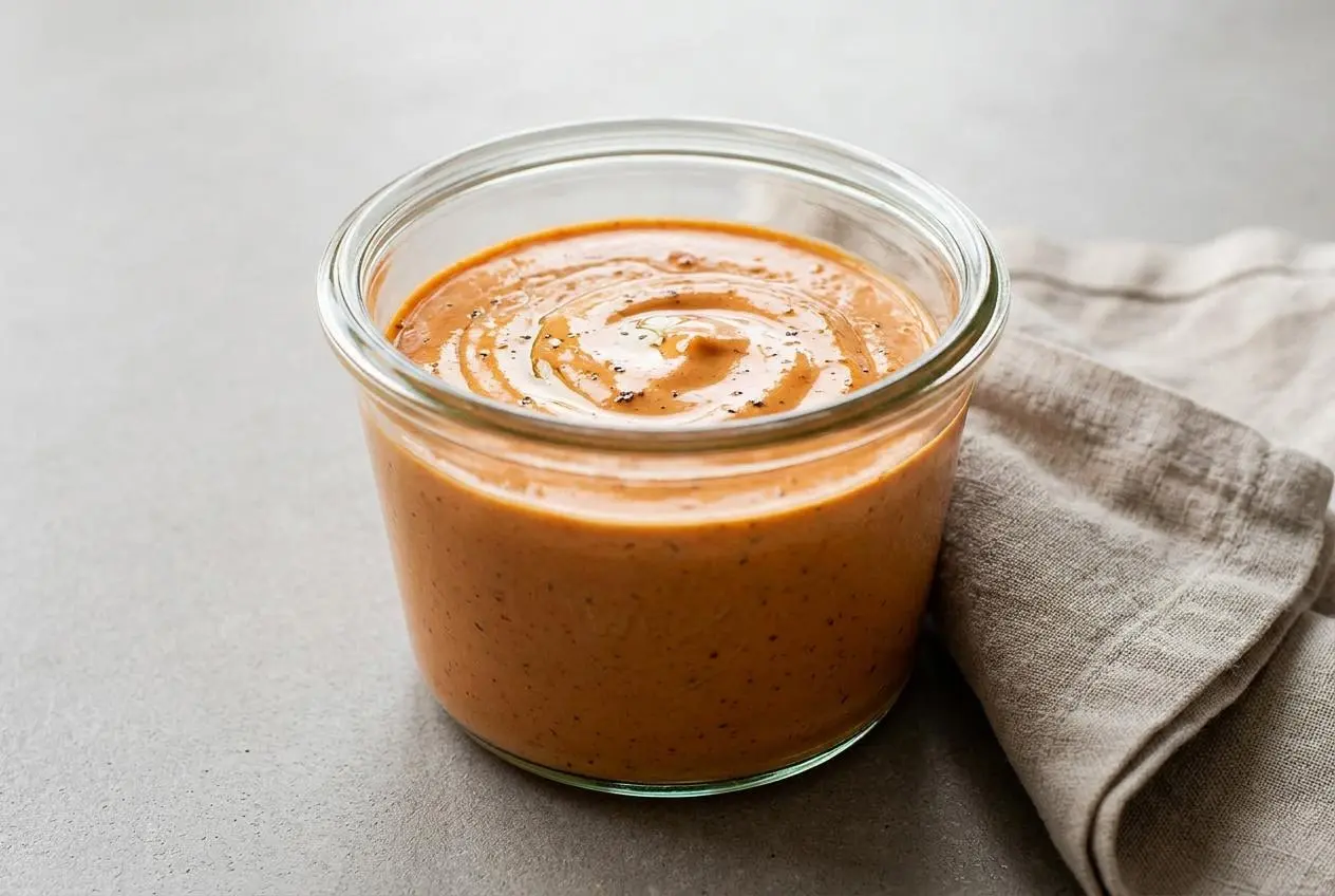 Creamy, smooth pale-orange chipotle sauce served in a matte ceramic bowl.