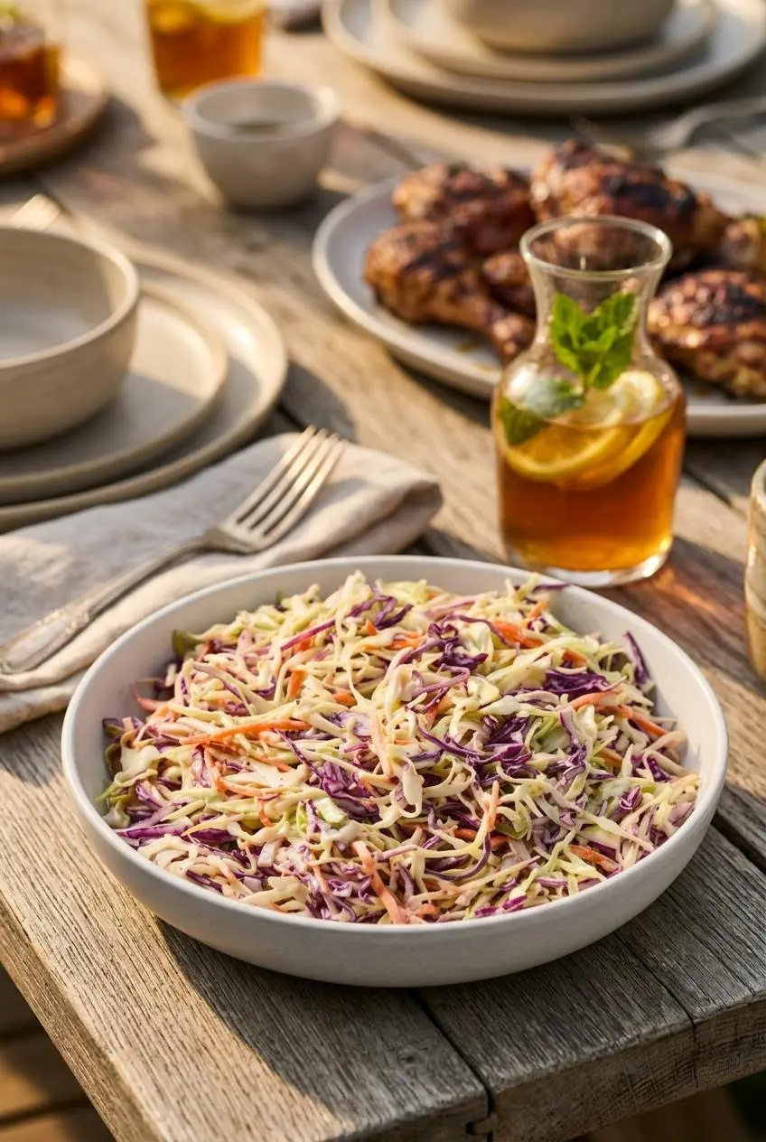 Bowl of creamy coleslaw served outdoors alongside grilled barbecue foods.