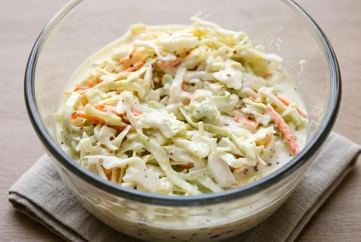 A white bowl of cabbage salad tossed with a creamy, glossy coleslaw dressing recipe and julienned carrots.