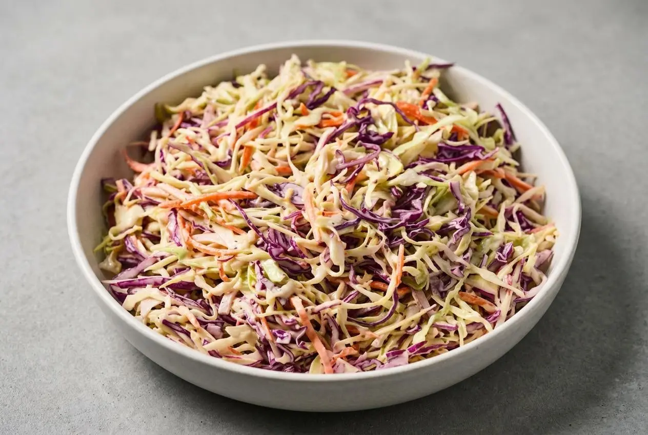Creamy coleslaw recipe with crisp green and red cabbage, carrots, and glossy dressing.