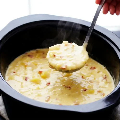 A bowl of velvety crockpot potato soup topped with crispy crumbled bacon, melted sharp cheddar, and fresh chives.