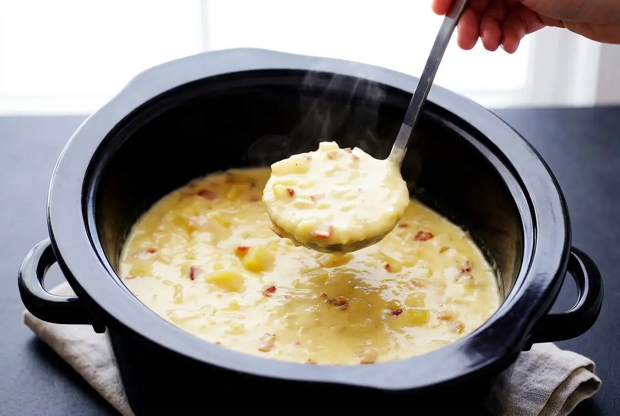 A bowl of velvety crockpot potato soup topped with crispy crumbled bacon, melted sharp cheddar, and fresh chives.