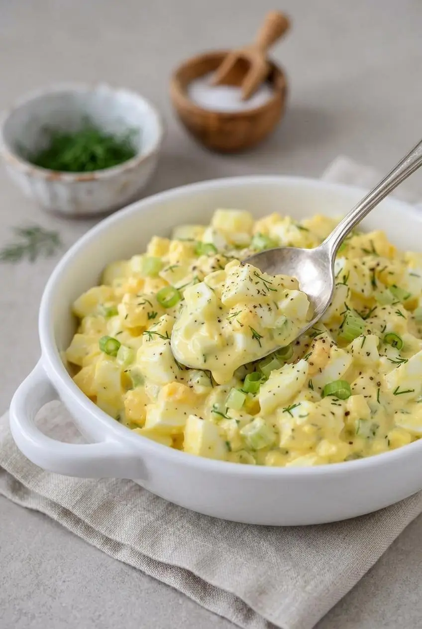 Close-up texture of creamy egg salad showing diced hard-boiled egg whites coated in rich yolk dressing with dill.