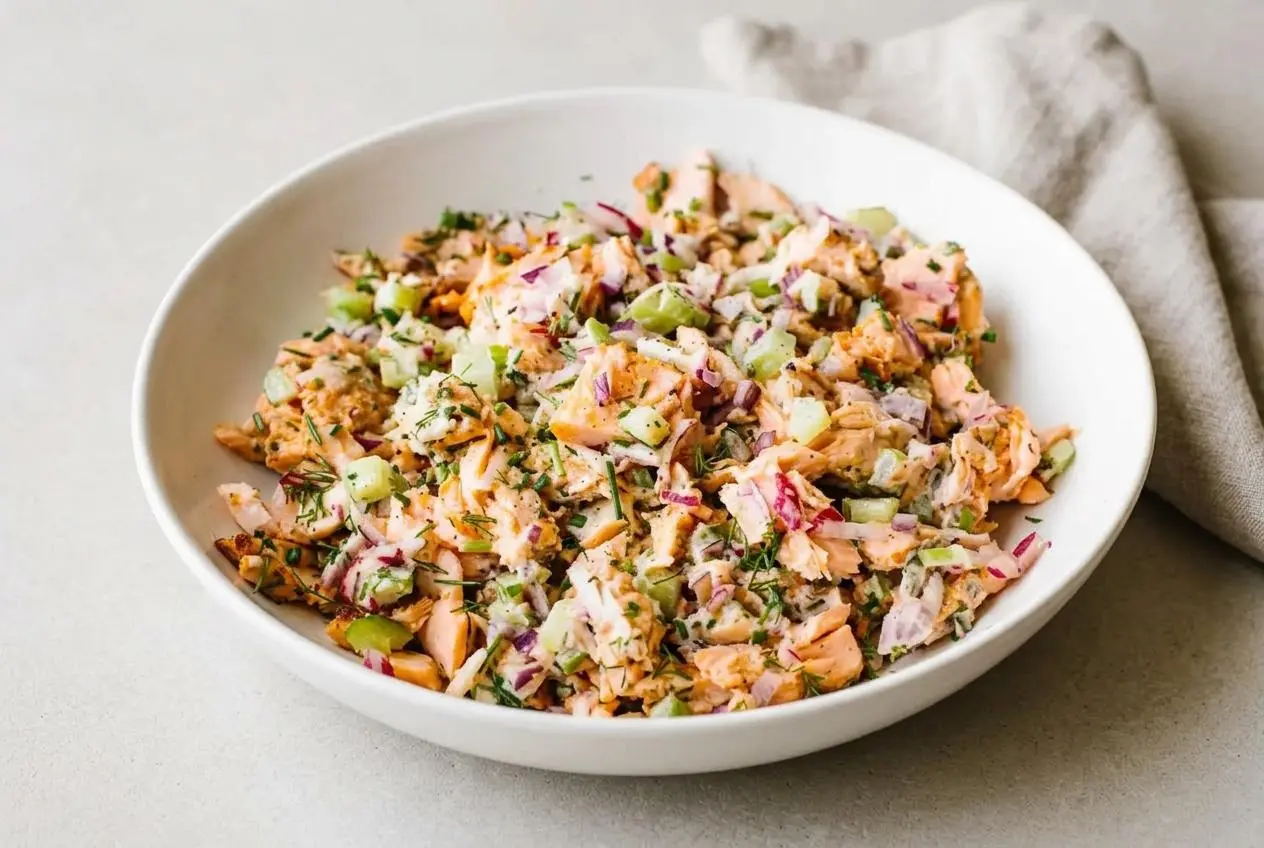 Creamy salmon salad with tender pink flakes, crisp celery, grated radishes, and fresh herbs.