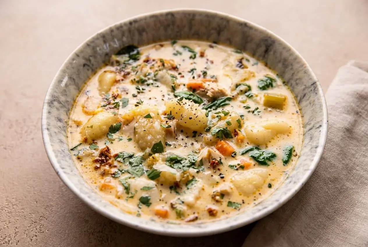 Bowl of creamy gnocchi chicken soup with tender dumplings, shredded chicken, and spinach in a velvety broth.