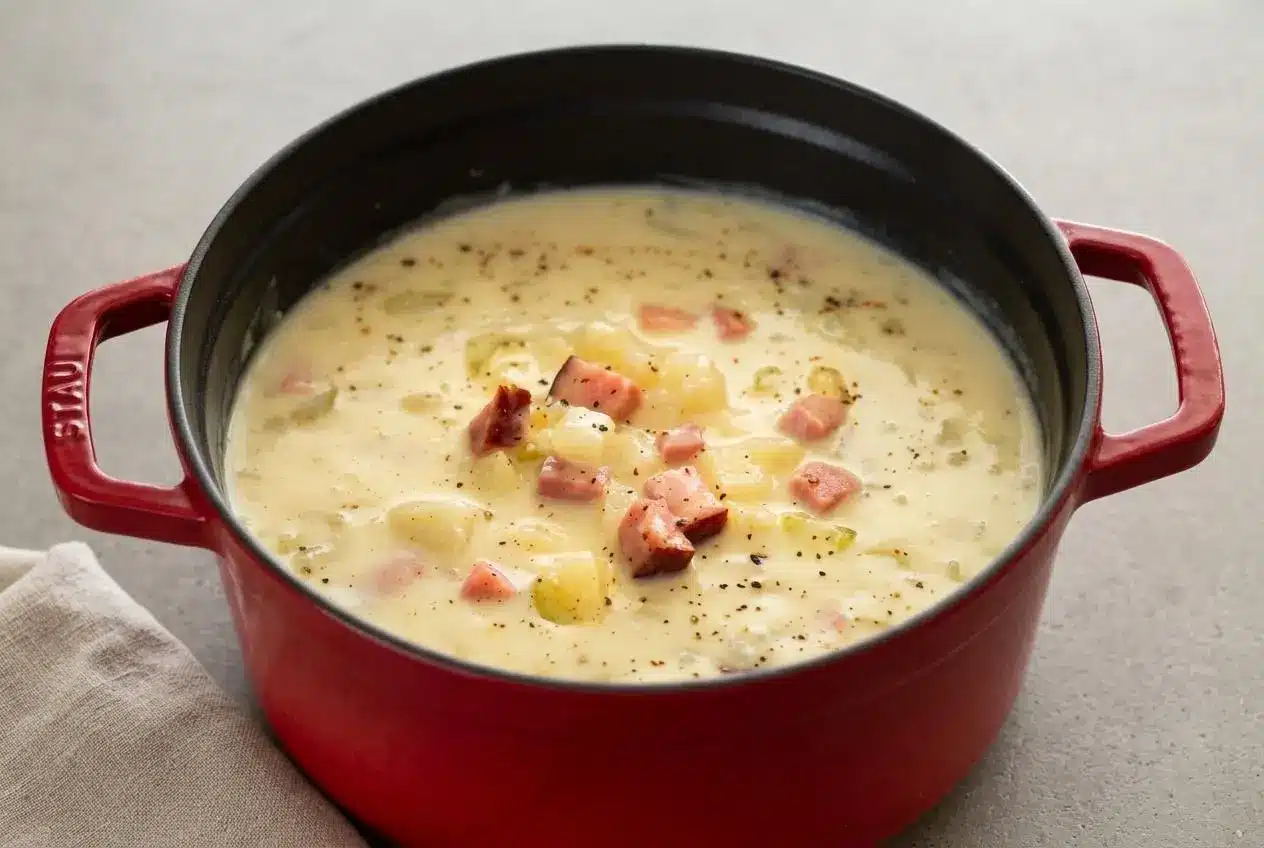 Creamy ham and potato soup served in a ceramic bowl with tender potato cubes and savory diced ham.