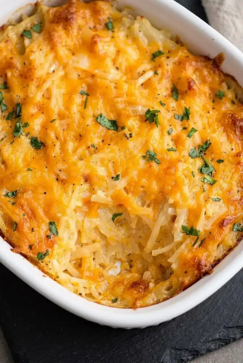 Close-up of bubbling melted Colby cheese and shredded potatoes in a creamy hashbrown casserole.