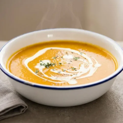 A warm bowl of creamy pumpkin soup with a glossy orange surface and a delicate swirl of heavy cream.