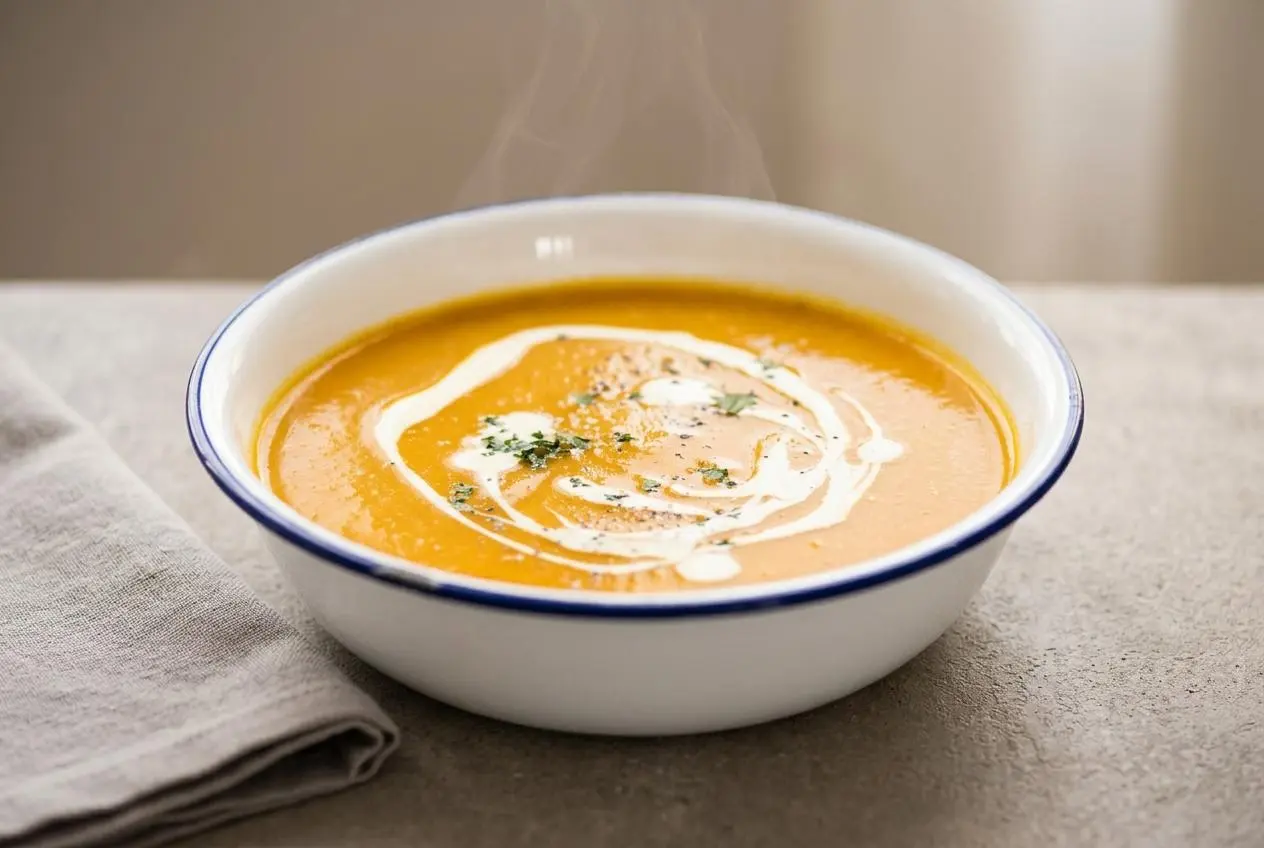 A warm bowl of creamy pumpkin soup with a glossy orange surface and a delicate swirl of heavy cream.