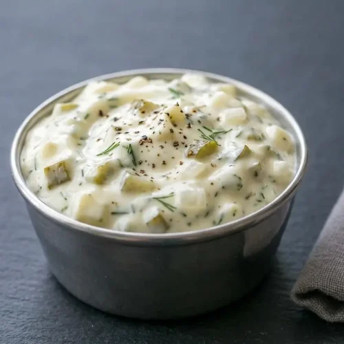 Creamy homemade tartar sauce specked with fresh dill and finely chopped dill pickles in a white serving bowl.