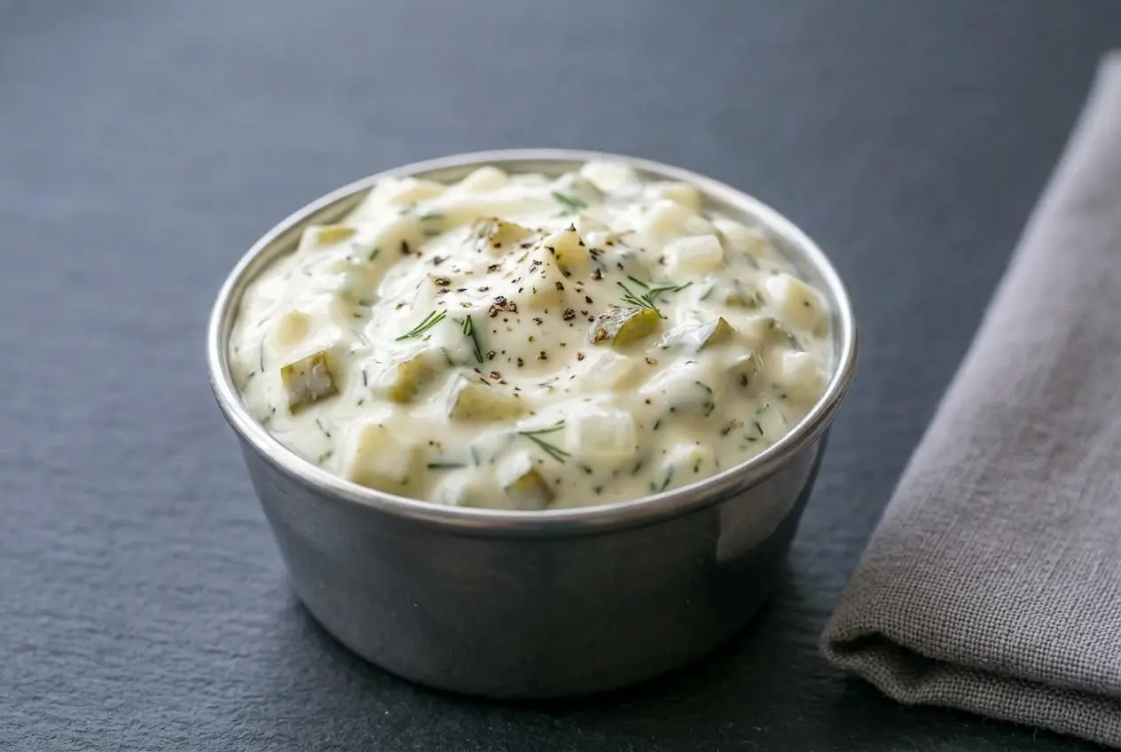 Creamy homemade tartar sauce specked with fresh dill and finely chopped dill pickles in a white serving bowl.