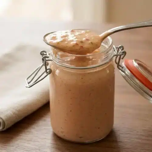 Creamy thousand island dressing in a bowl, showcasing its classic pinkish-orange hue and finely minced ingredients.