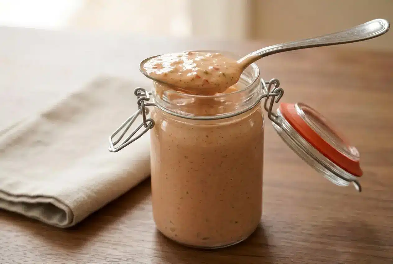 Creamy thousand island dressing in a bowl, showcasing its classic pinkish-orange hue and finely minced ingredients.