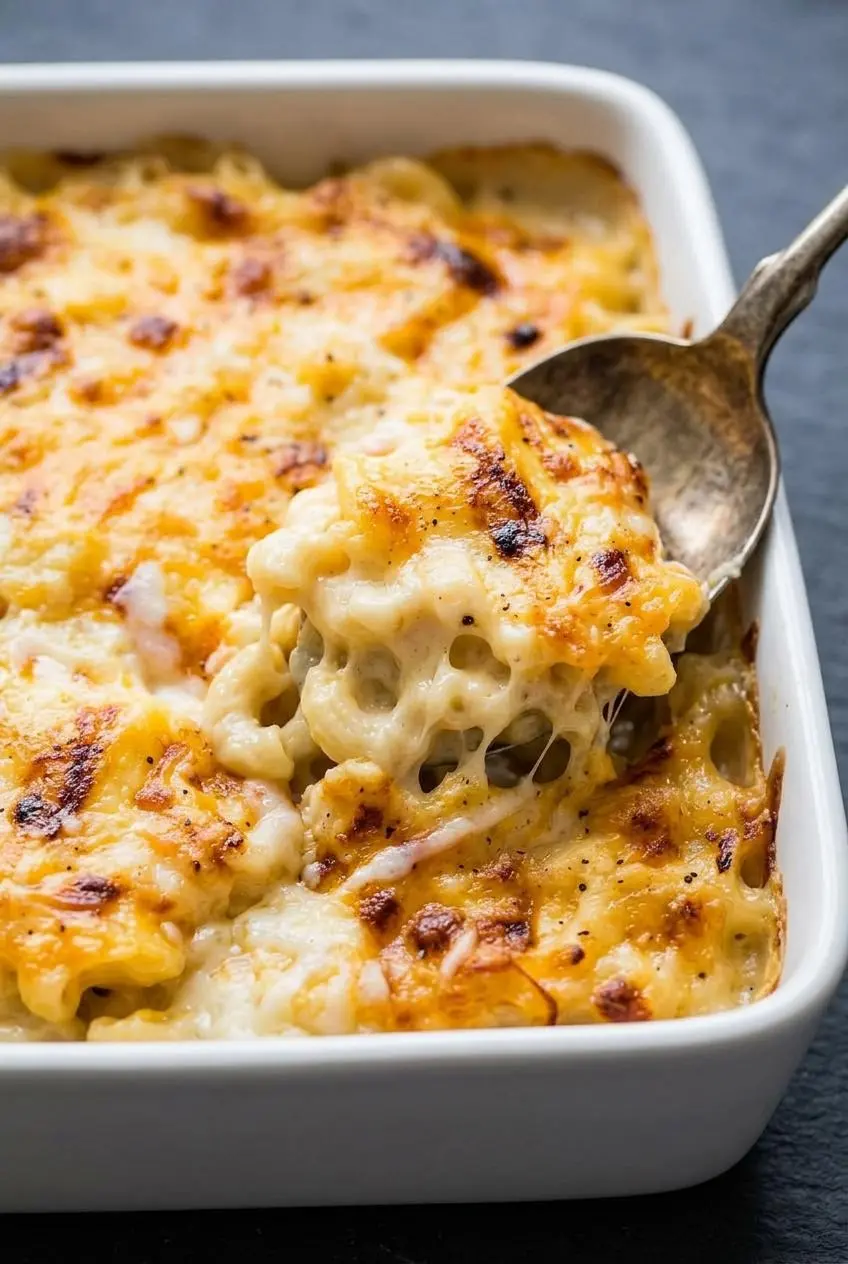 Serving spoon scooping creamy mac and cheese with stretchy melted cheddar and Gruyere sauce.