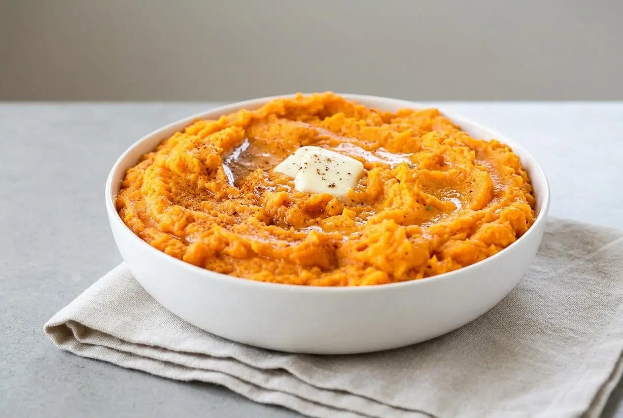 Creamy mashed sweet potatoes served in a bowl with melted butter and cracked black pepper.