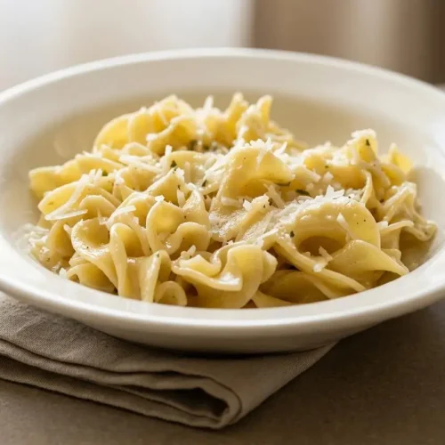 Glossy noodles with eggs tossed in butter and parmesan cheese in a shallow bowl