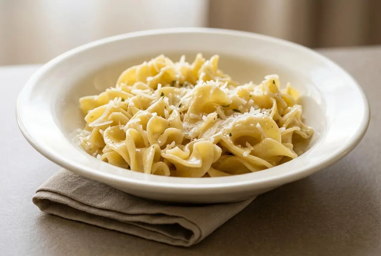 Glossy noodles with eggs tossed in butter and parmesan cheese in a shallow bowl