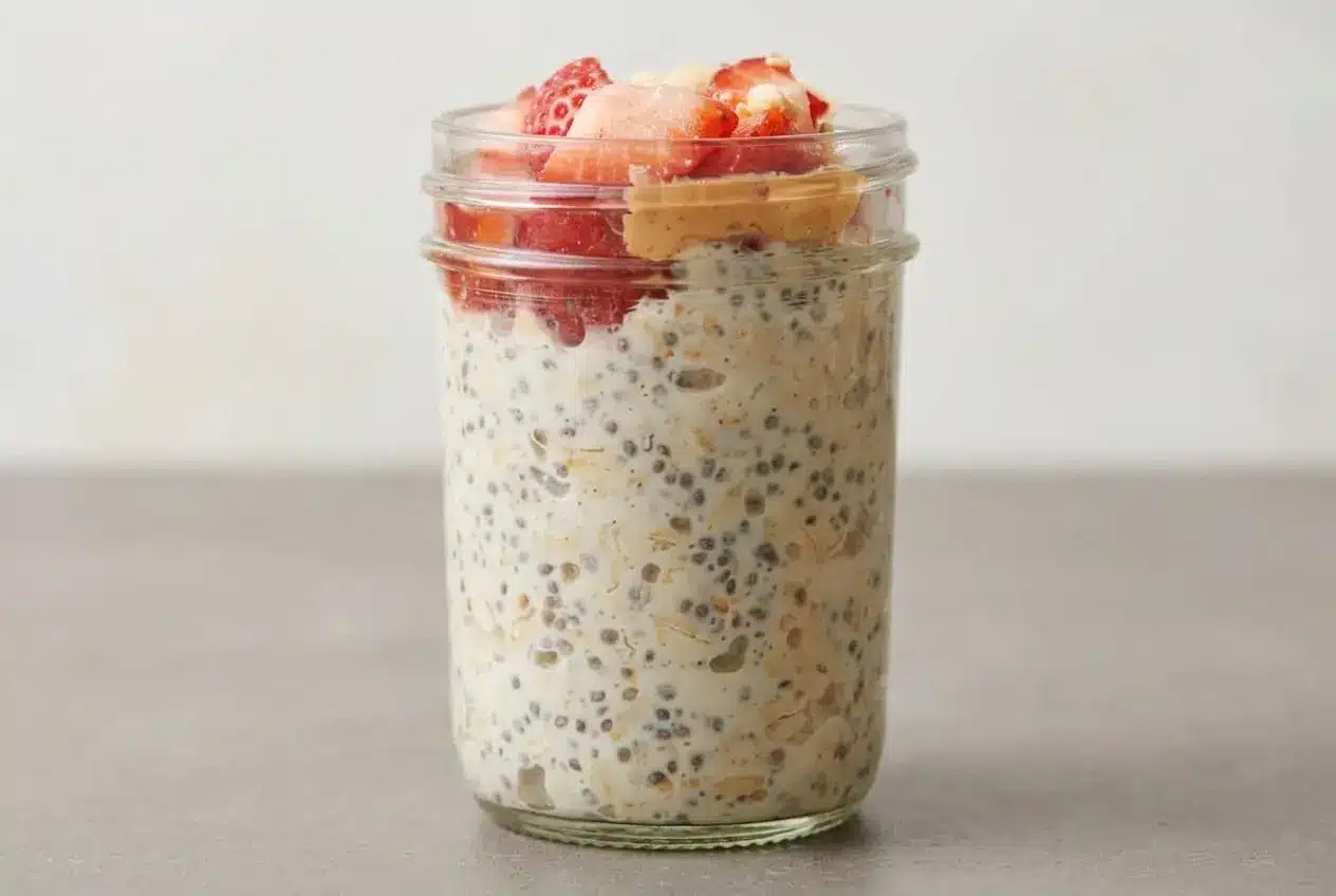 Creamy overnight oats recipe served chilled with a thick pudding-like texture.