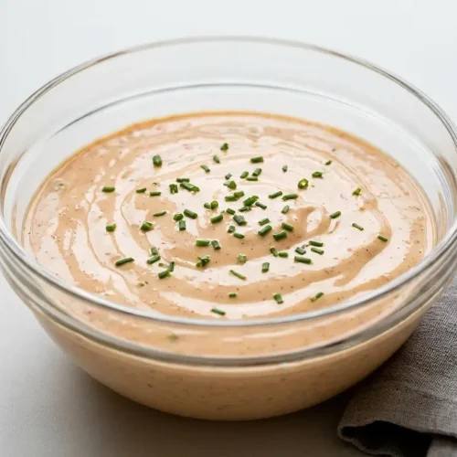Creamy pinkish-orange remoulade sauce in a small ceramic bowl garnished with fresh chives.