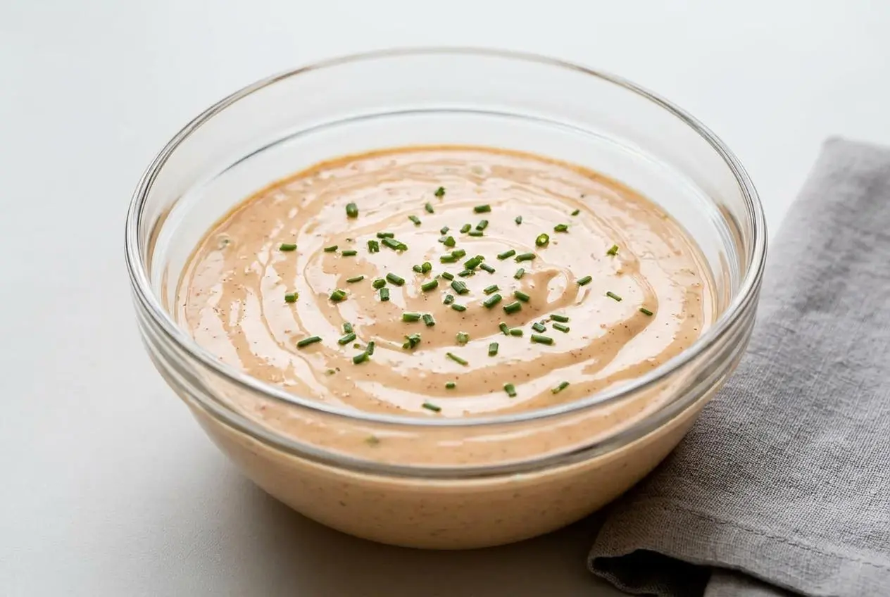 Creamy pinkish-orange remoulade sauce in a small ceramic bowl garnished with fresh chives.
