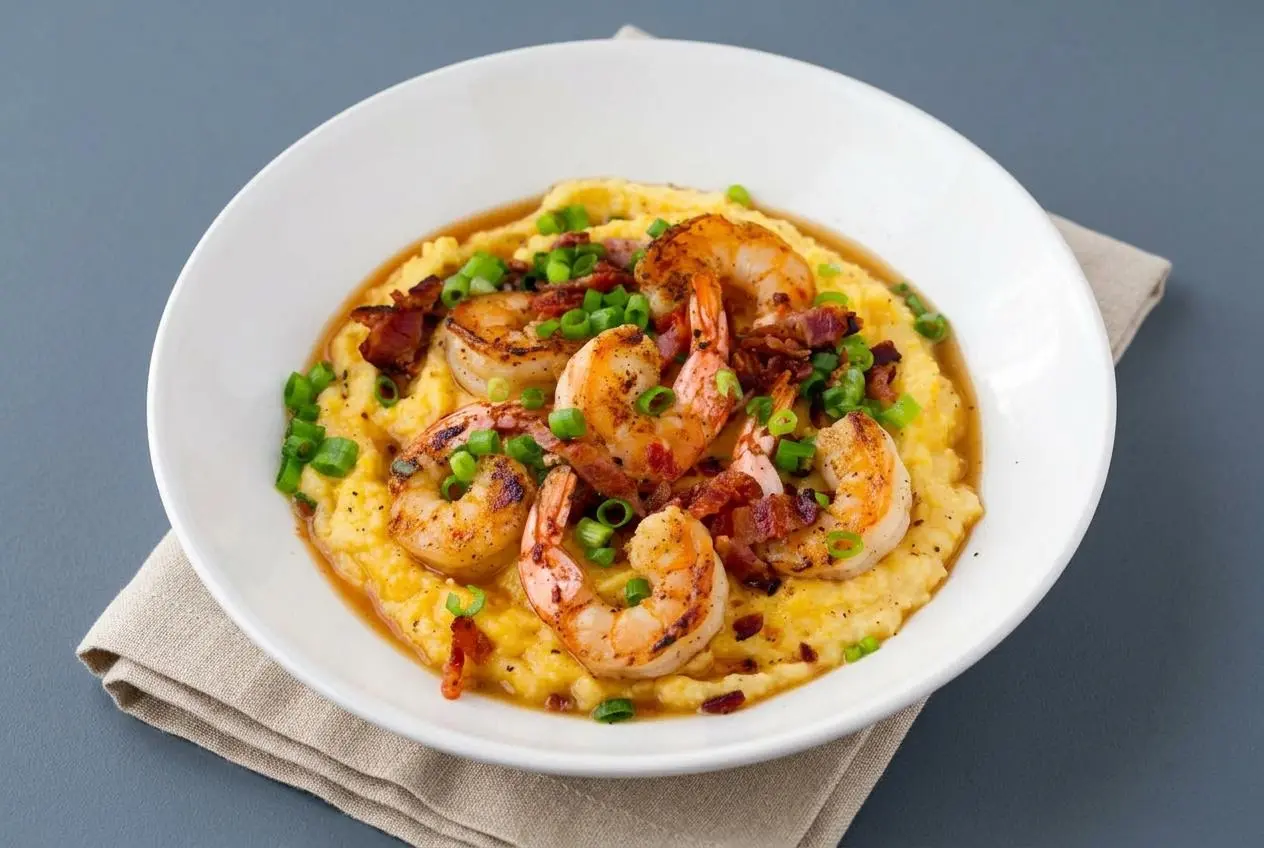 Classic shrimp and grits recipe featuring seared jumbo shrimp over creamy cheddar grits with a glossy pan sauce.