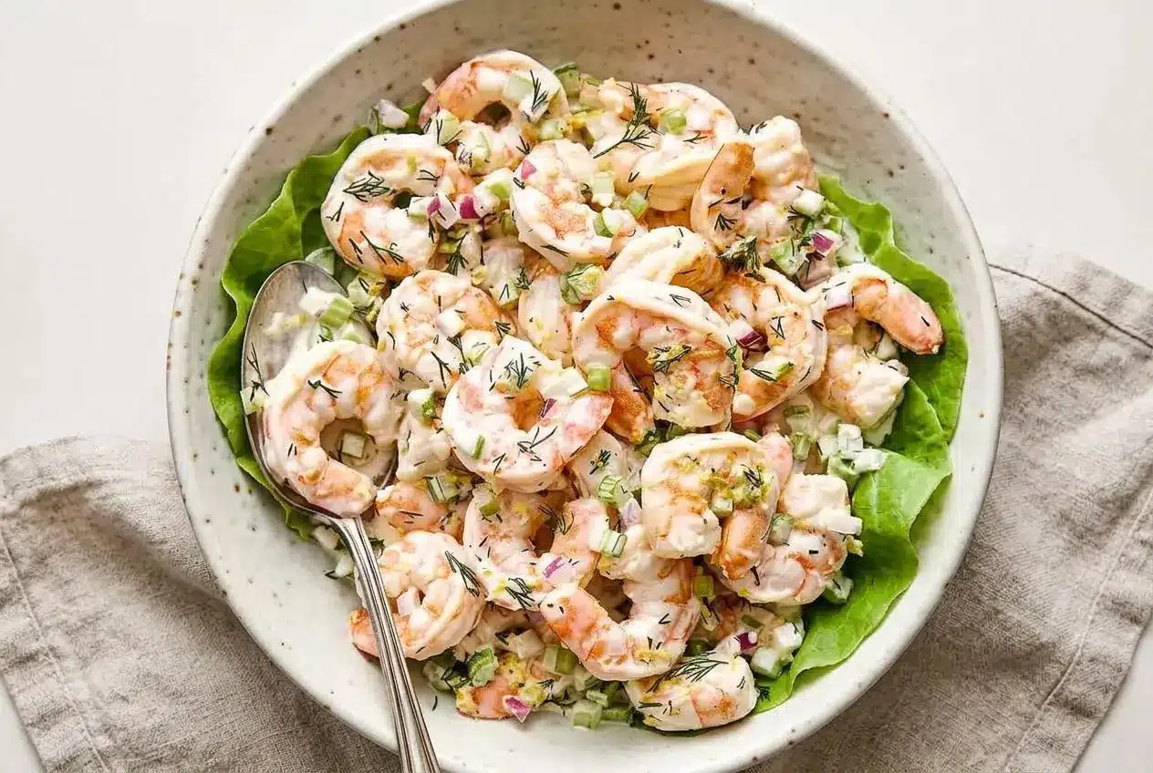 Chilled shrimp salad recipe with poached pink shrimp, crisp celery, and creamy lemon dill dressing in a bowl.