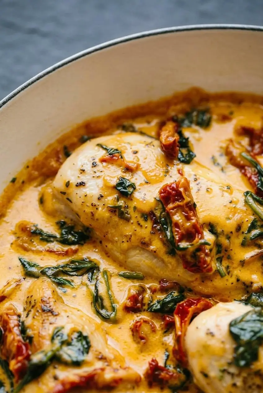 Close up of smooth garlic parmesan cream sauce coating seared chicken with sliced sun-dried tomatoes and herbs.
