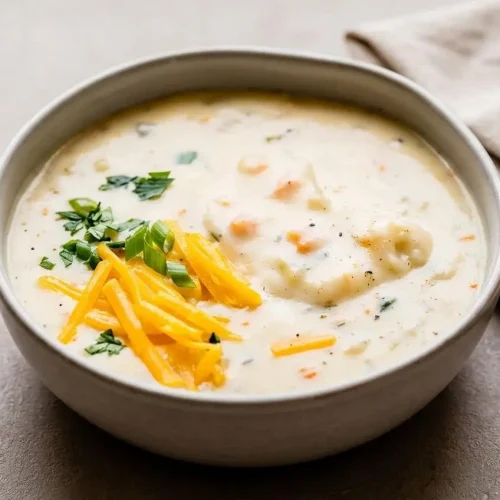 A warm bowl of this creamy potato soup recipe showing its thick, velvety texture and fresh parsley garnish.
