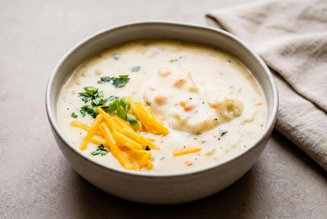 A warm bowl of this creamy potato soup recipe showing its thick, velvety texture and fresh parsley garnish.