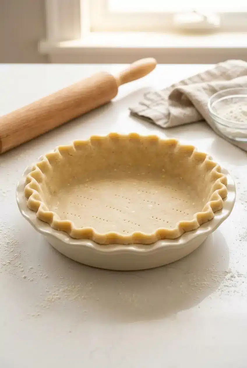 Unbaked gluten free pie crust with fluted crimped edges in a ceramic dish beside a wooden rolling pin.