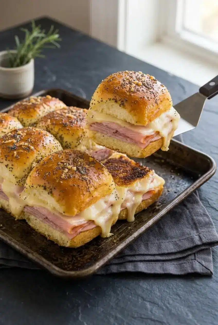 A metal spatula lifts a ham and cheese slider from a metal pan, showing a perfectly toasted, golden-brown bottom bun.