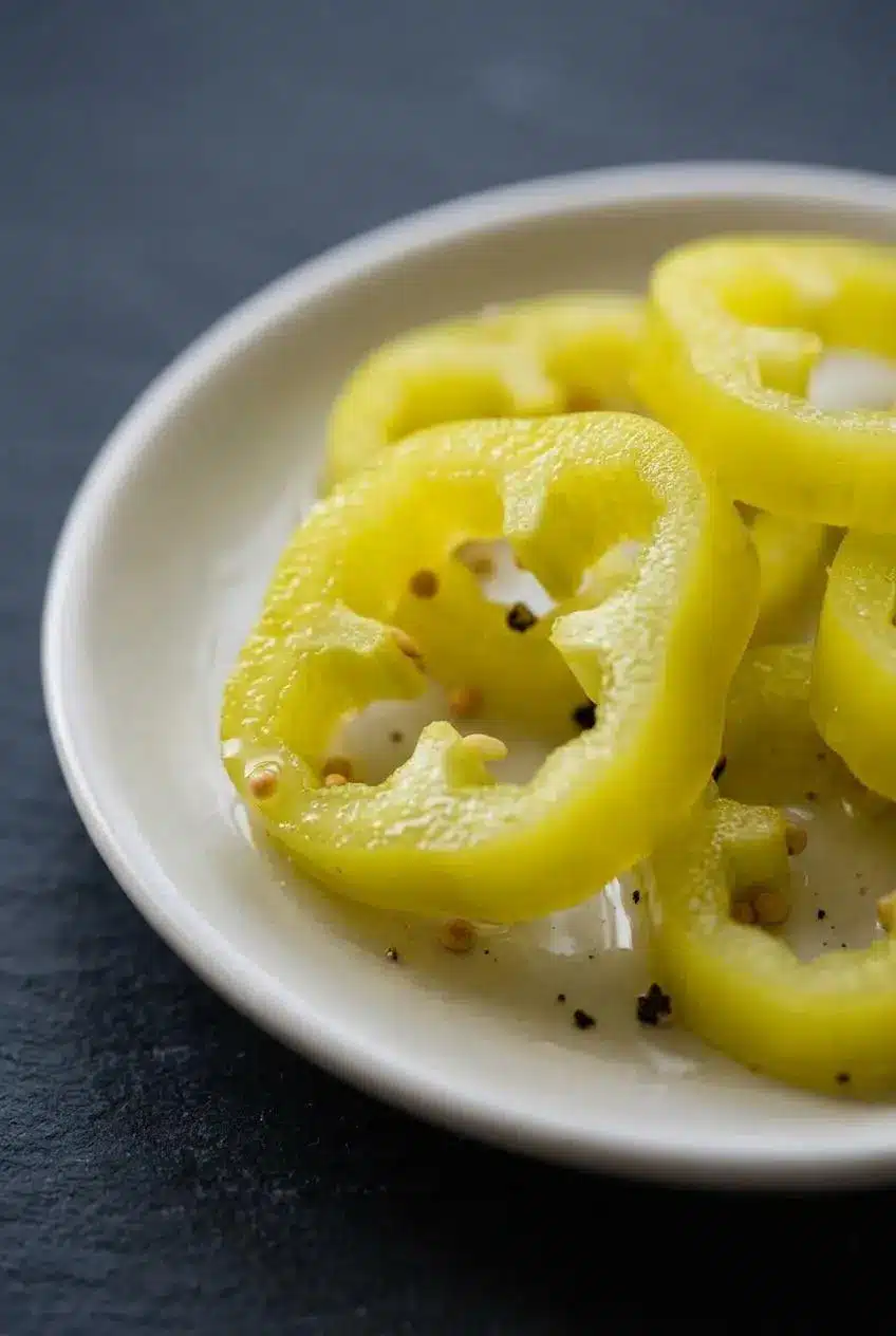 Close-up of glossy, crisp pickled banana pepper rings glistening with brine and mustard seeds on a white dish.