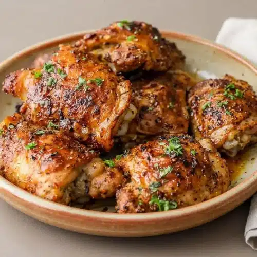 Crispy baked chicken thighs with golden blistered skin and seasoned herb crust.