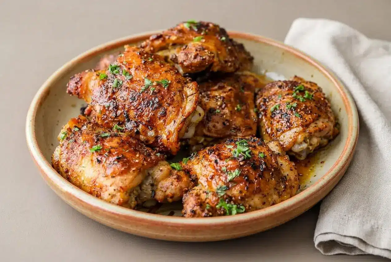 Crispy baked chicken thighs with golden blistered skin and seasoned herb crust.