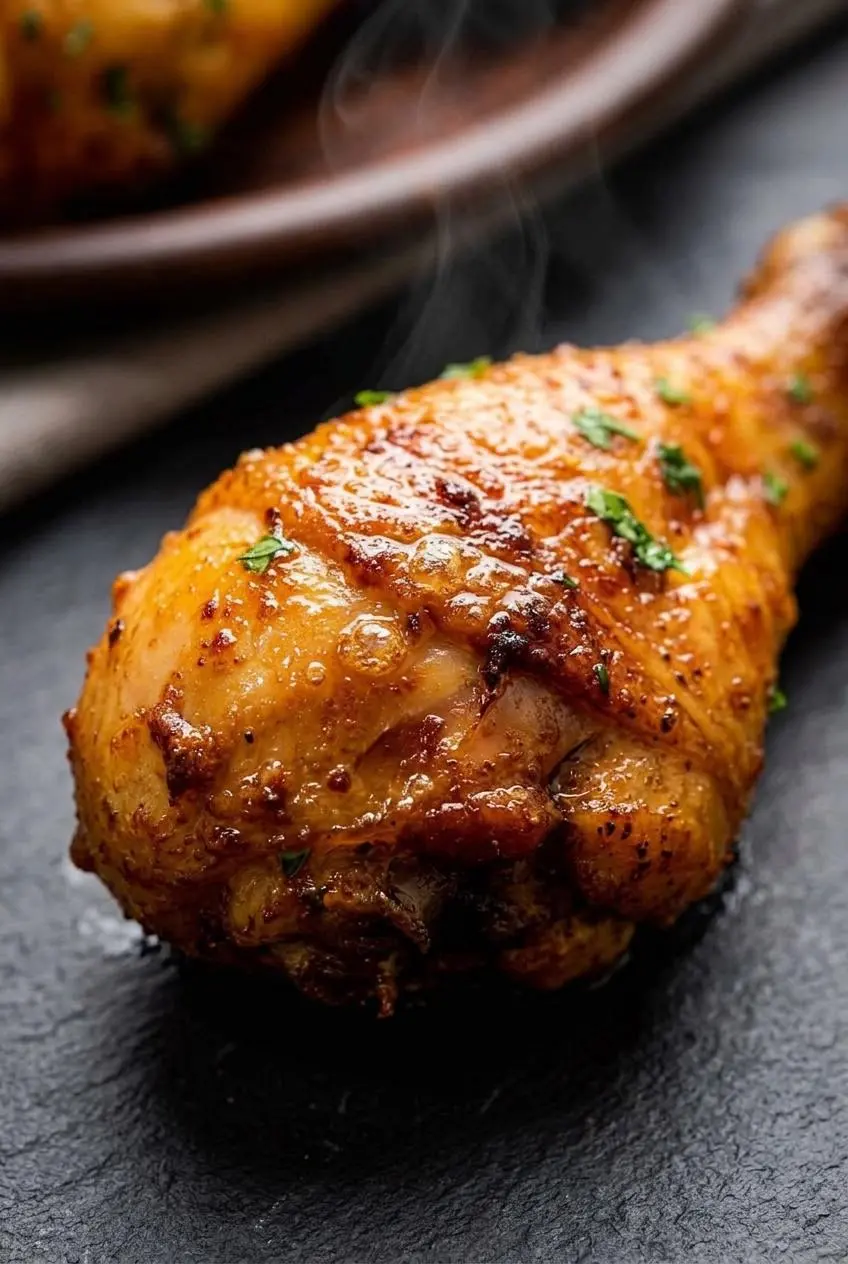 Close-up of crackly, blistered chicken drumstick skin seasoned with smoked paprika.