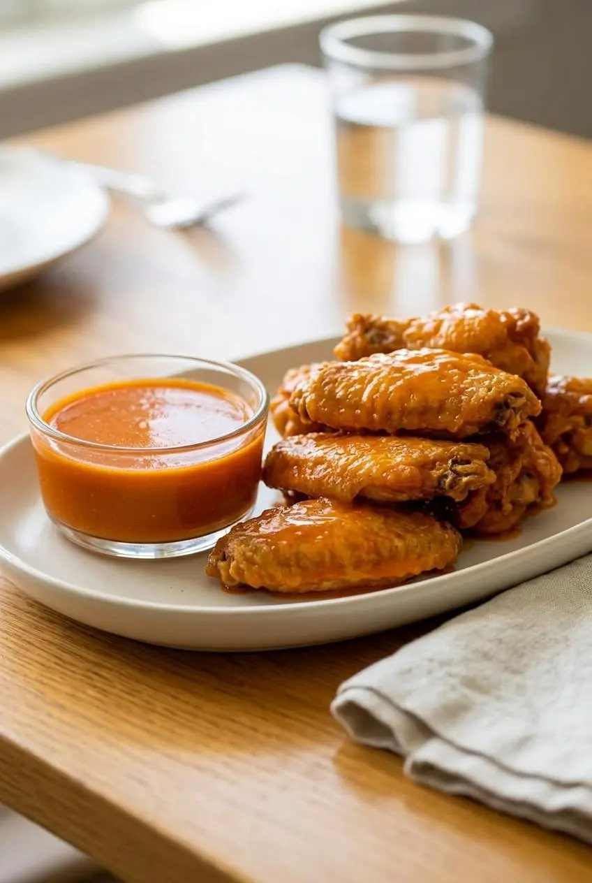Crispy golden chicken wings coated in glossy buffalo sauce served on a ceramic platter.