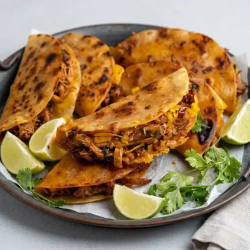 Three folded chicken tacos with crispy golden corn tortillas, melted cheese, and smoky chipotle chicken.